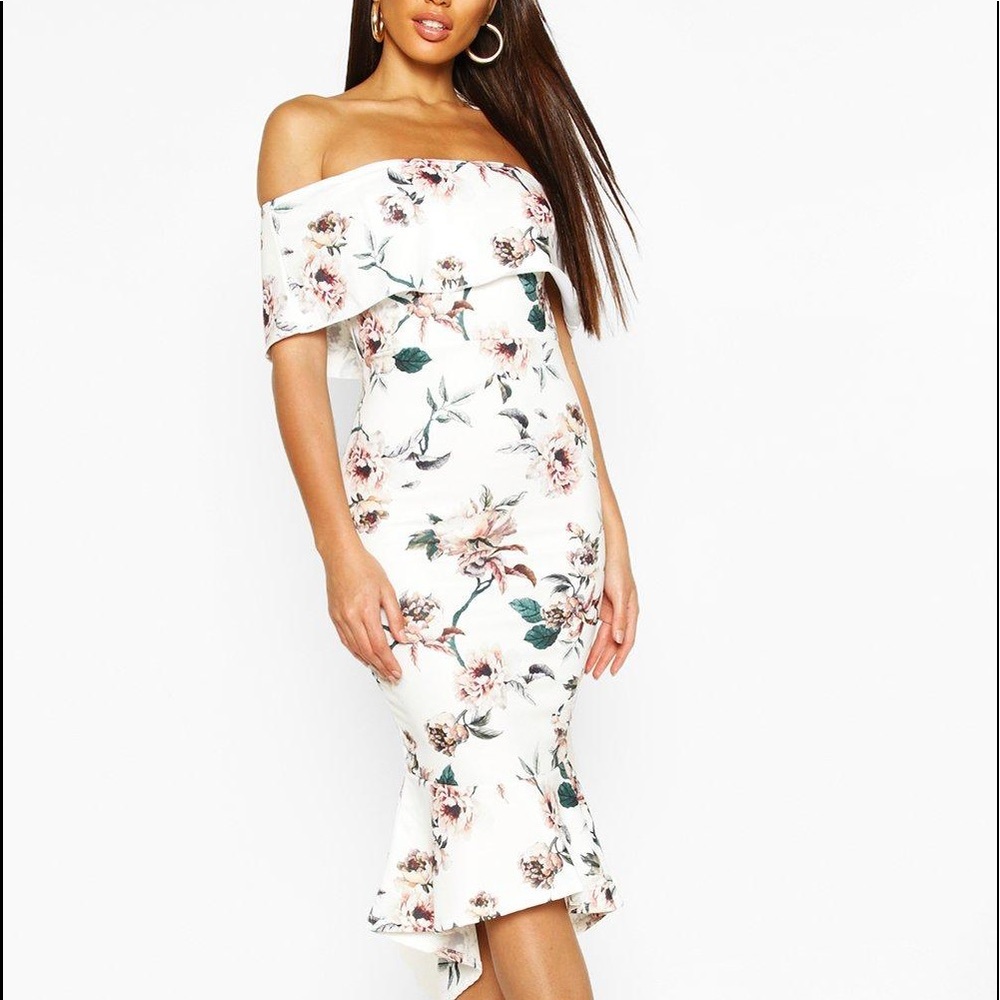 Boohoo Off the shoulder Floral Midi Dress